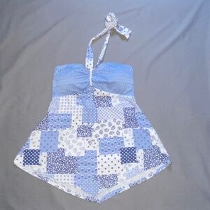 DEREK HEART Strapless Halter Top Blue Patchwork Print Bandana Hem